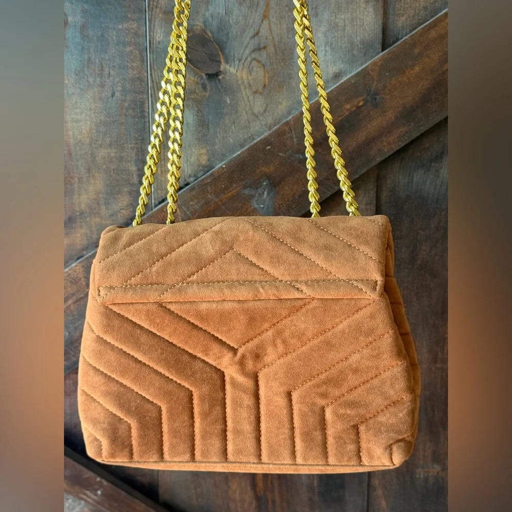 Brown Tan Quilted Shoulder Bag with Gold Chain - Picture 9 of 14